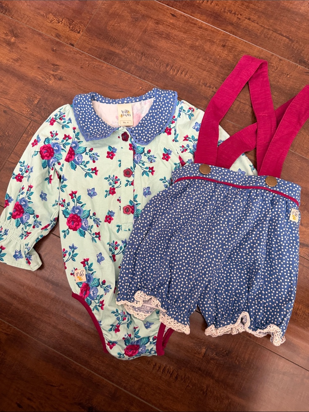 Wildflowers Mint Floral Bodysuit with Navy Polka-Dot Bloomers & Pink Suspenders